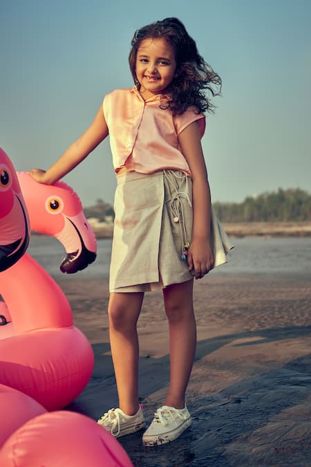 Little Luxury_Beige Linen Plain Side Tie Skorts  _Online_at_Aza_Fashions