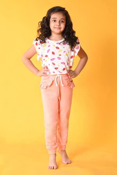 Anthrilo - White 100% Cotton Printed Lips T-shirt And Joggers Set For Girls