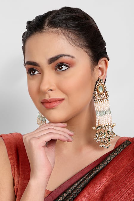 Shop Auraa Trends Green Stones, Pearls Kundan Embellished Dangler Earrings at Aza Fashions Shop_Auraa Trends_Green Stones, Pearls Kundan Embellished Dangler Earrings _at_Aza_Fashions