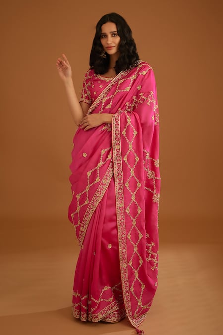Shyam Narayan Prasad Pink Dupion Silk Embroidered Zardozi Round Work Saree With Blouse 