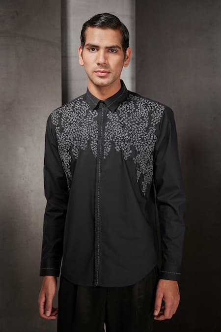 Rohit Gandhi + Rahul Khanna Black Cotton Embroidered Thread Work Shirt 