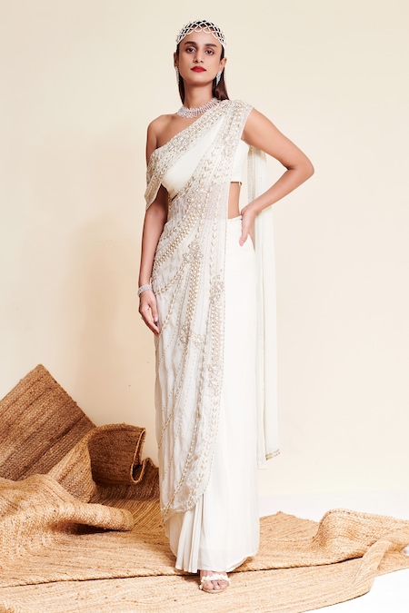 Reeti Arneja Ivory Georgette Cut Work, Dove Pre-stitched Pearl Embroidered Saree Gown 