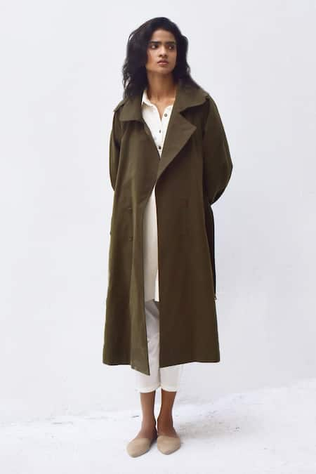 Kharakapas Green Heavy Twill Lapel Double Breasted Trench Coat  