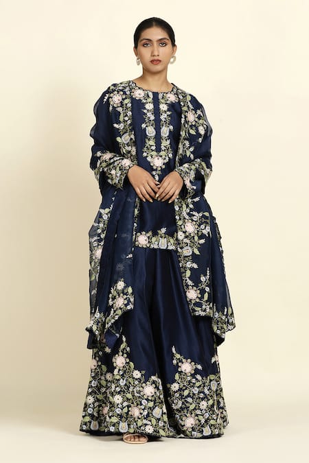 Oshi By Shikha Blue Chanderi , Organza, Crepe Embroidery Round Floral Sharara Set 