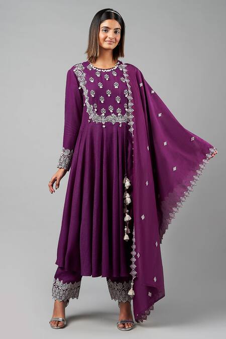 Inej_Purple Rayon Embroidery Round Neck Kairi Side Slit Anarkali With Pant_Online_at_Aza_Fashions