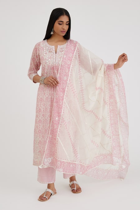 KORA Cotton Chanderi Hand Block Printed Kurta Set 