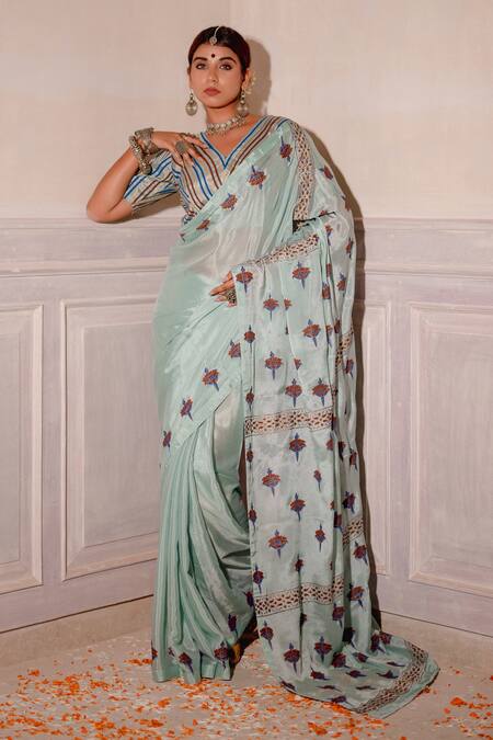 Buy The Home Affair Blue Chiffon, Cotton Satin Embroidery Floral Handblock Print Saree And Blouse Set Online at Aza Fashions Buy_The Home Affair_Blue Chiffon, Cotton Satin Embroidery Floral Handblock Print Saree And Blouse Set _Online_at_Aza_Fashions