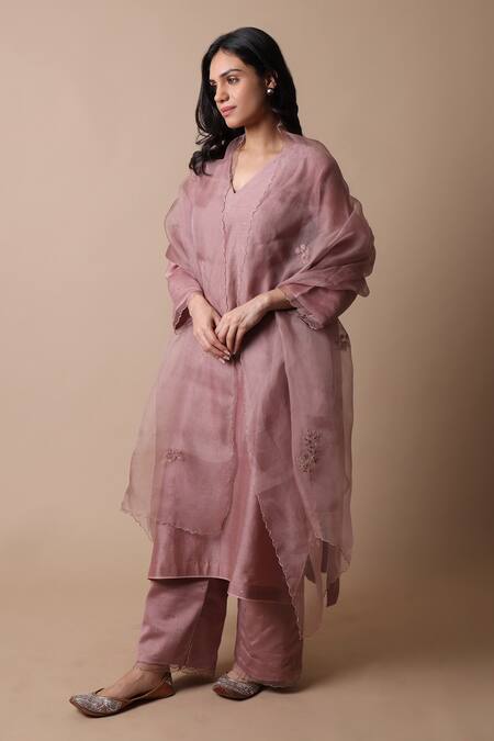 Buy_Rhua_Pink Chanderi Silk, Cotton, Silk, Organza Mirrors V-neck Afsa Kurta Set 