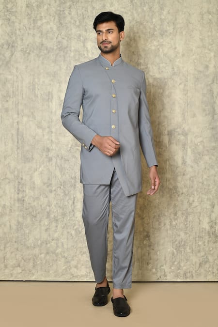 Aryavir Malhotra Grey Cotton Silk Lycra Plain Asymmetric Placket Bandhgala And Pant Set 