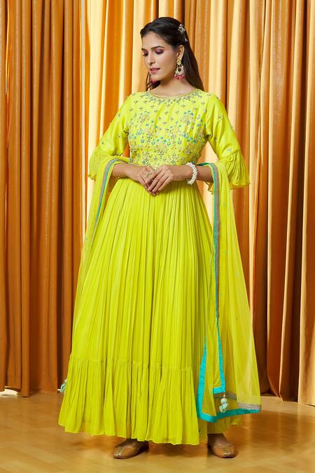 Buy_Aariyana Couture_Green Chanderi, Net Embroidery, Beads, Embellished Yoke Anarkali With Dupatta