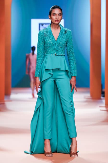 Pankaj & Nidhi Blue Helios Floral Embellished Jacket And Pant Set 