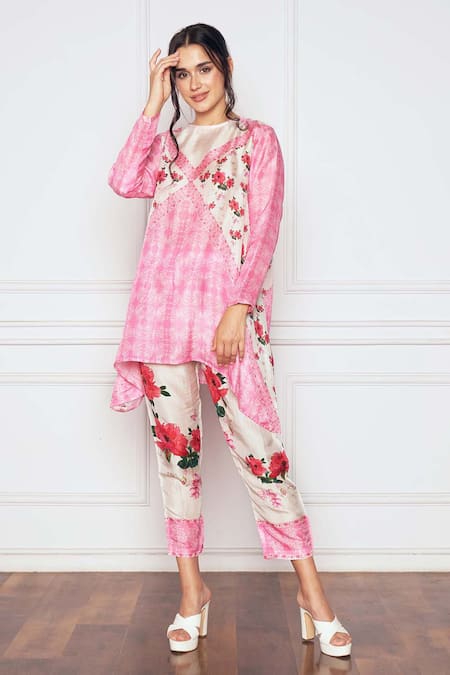 Sakshi Girri Pink Dupion Silk Printed Floral And Vintage Asymmetric Tunic & Pant Set  