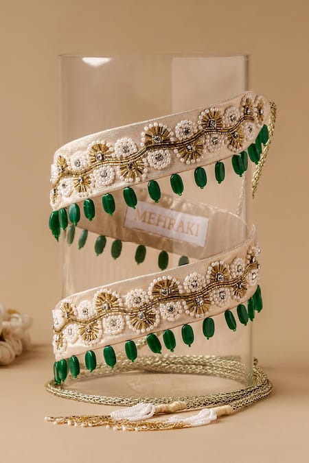 Shop_Mehraki_Gold 3d Pearls Flower Embroidered Belt _at_Aza_Fashions