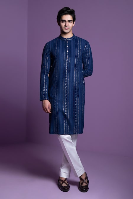 Navy Blue Sequin Embellished Chikankari Kurta for men online India