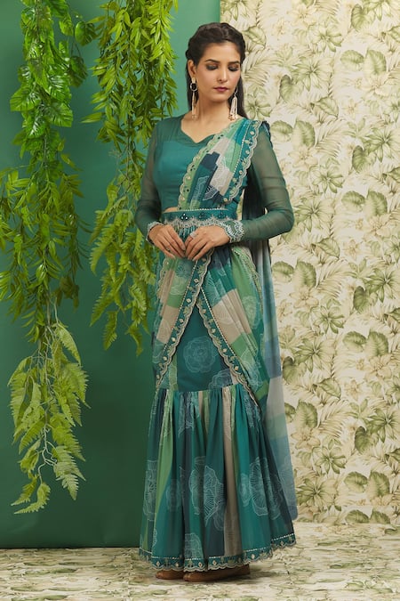 Buy Green Saree Organza Printed Leaf Neck Embroidered With Blouse For Women  by PUNIT BALANA Online at Aza Fashions.