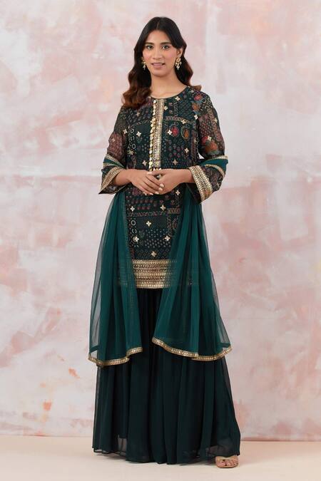 Buy Basanti - Kapde Aur Koffee Green Georgette, Cotton Embroidery Round Neck Geometric Print Kurta Sharara Set at Aza Fashions Buy_Basanti - Kapde Aur Koffee_Green Georgette, Cotton Embroidery Round Neck Geometric Print Kurta Sharara Set_at_Aza_Fashions