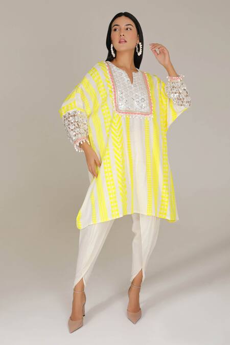 Aneehka Yellow 100% Cotton Puff Sleeve Afghani Kurta And Dhoti Pant Set 