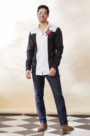 Buy Seven Black Cotton Satin Embroidery Placement Star Shirt at Aza Fashions Buy_Seven_Black Cotton Satin Embroidery Placement Star Shirt_at_Aza_Fashions
