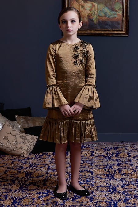 Swati Golyan Gold Handloom Cotton, Lurex Embroidery, Sequins Rose Gathered Hem Dress 