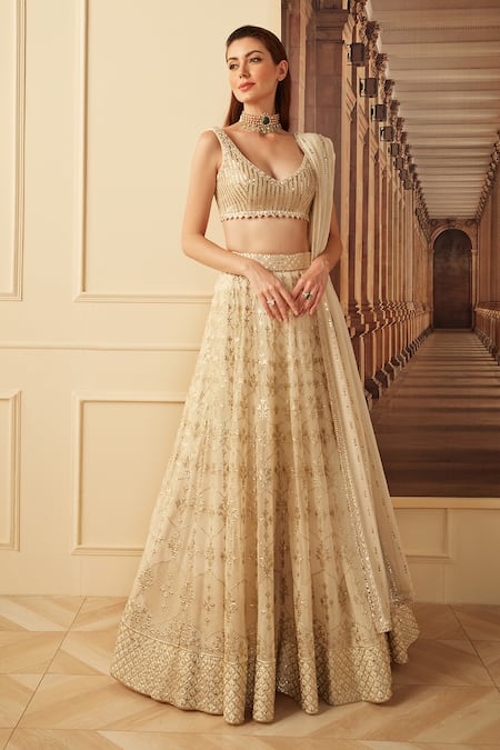 Buy Ivory Georgette Embroidered Badla V Neck Bridal Lehenga Set For