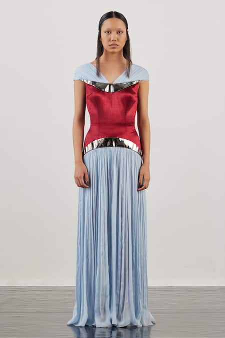 Akhl Blue Textured Satin (90% Polyester 10% Elastane)+ Chiffon Structured Ruched Gown 