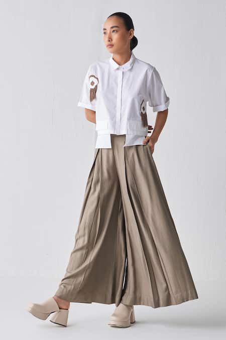 Buy Three White Poplin Fringe Shawl Neck Pattern Cropped Shirt at Aza Fashions Buy_Three_White Poplin Fringe Shawl Neck Pattern Cropped Shirt _at_Aza_Fashions