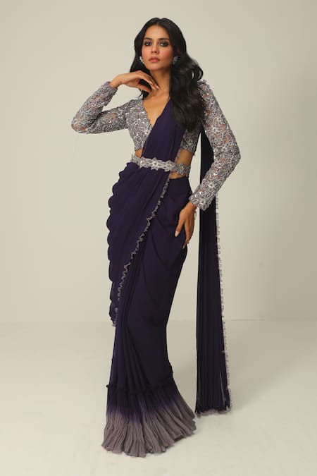 Purple hand embroidered blouse with pleated drape saree