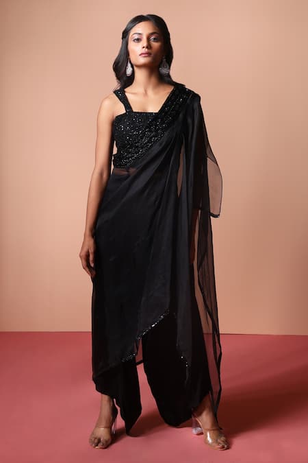 Soha by Harleen and Sona Sheer One Shoulder Cape Palazzo Set 