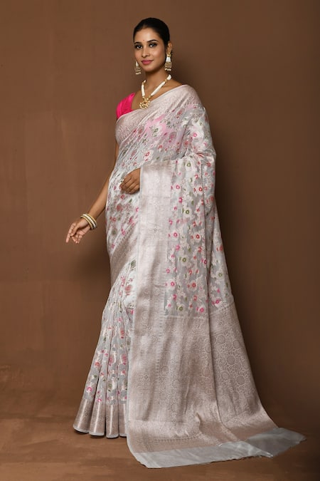 Nazaakat by Samara Singh White Banarasi Silk Woven Floral Saree