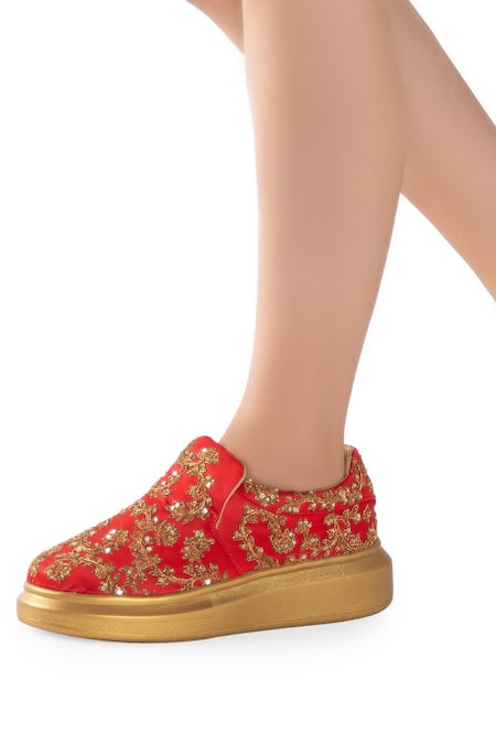 Shop_Anaar_Red Floral Embroidered Sneakers _Online_at_Aza_Fashions