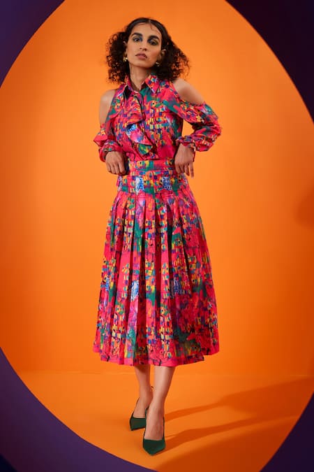 The Dramebaaz Co Aster Print Shirt & Skirt Set 