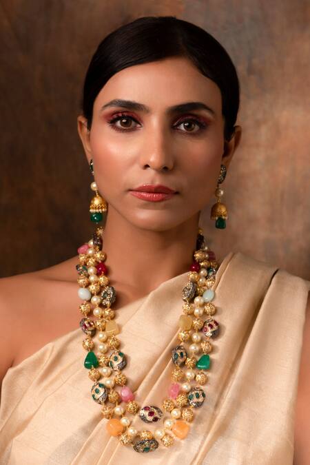 Ishhaara Gold Plated Stones Multi Beaded Long Necklace Set at Aza Fashions Ishhaara_Gold Plated Stones Multi Beaded Long Necklace Set _at_Aza_Fashions
