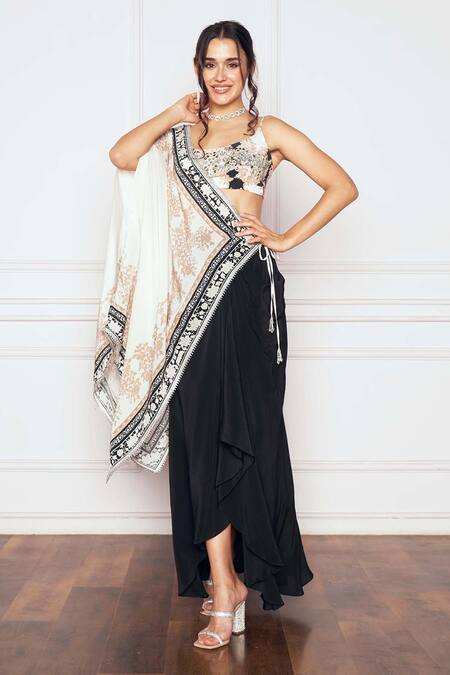 Buy SAKSHI GIRRI Black Crepe Beads, Sequins, Gota Patti Round Printed Bustier Draped Skirt Set at Aza Fashions Buy_SAKSHI GIRRI_Black Crepe Beads, Sequins, Gota Patti Round Printed Bustier Draped Skirt Set_at_Aza_Fashions