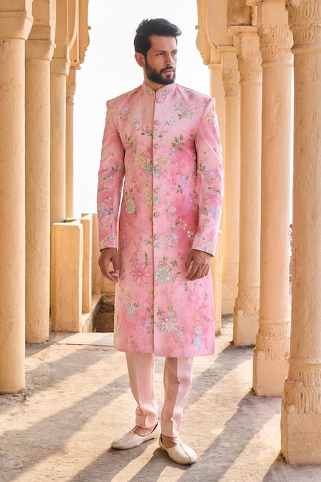 LASHKARAA Velvet Printed Sherwani Set 