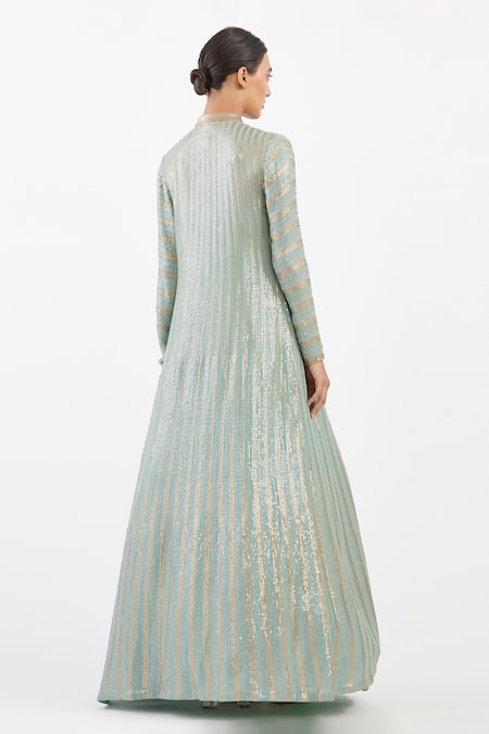 Buy Blue Chiffon Sequin Band Embroidered Jacket With Gown For