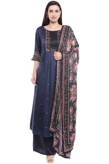 Buy_Soup By Sougat Paul_Blue Satin Round Printed Kurta Palazzo Set _Online_at_Aza_Fashions