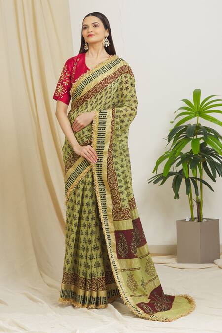 Surendri_Green Raw Silk, Kotadoria Floral Round Lace Border Saree With Blouse_Online_at_Aza_Fashions