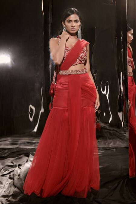 Masumi Mewawalla Red Net Embellished Sequin Pre-draped Sharara Pant Saree And Blouse Set 