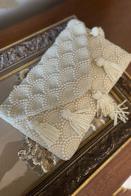 Bhavna Kumar Off White Pearl And Beads Work Scallop Pattern Embroidered Clutch
