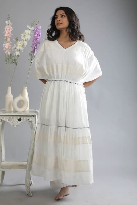 KHAT White Mulmul Cotton Striped Pattern V Neck And Tiered Kaftan  