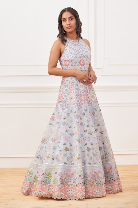 Rahul Mishra Blue Silk Embroidery Thread Halter Floral Gown 