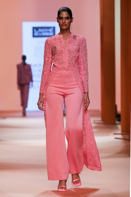 Pankaj & Nidhi Pink Jacket Tulle Lined With Organza Helios Asymmetric And Pant Set  