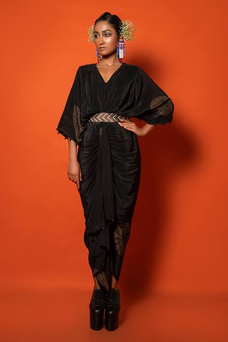 Urban Pataka Black Kaali Chai Asymmetric Draped Dress 