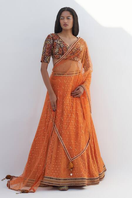 Nadima Saqib Orange Blouse Silk Embroidery Dori V Lucknowi Quatrefoil Lehenga Set 