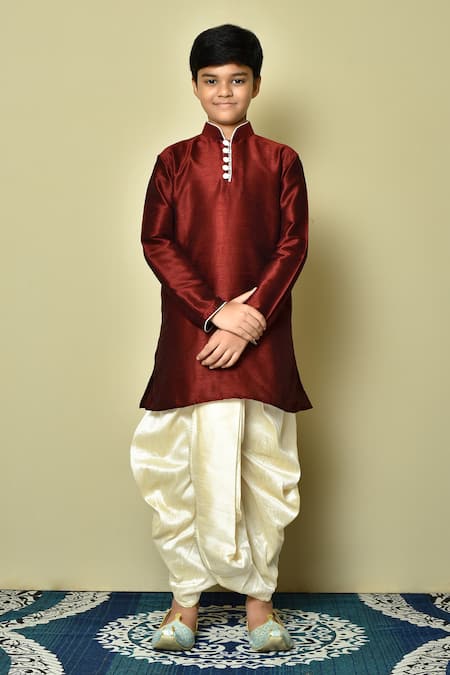 Arihant Rai Sinha Maroon Dupion Art Silk Plain Straight Kurta Dhoti Pant Set 