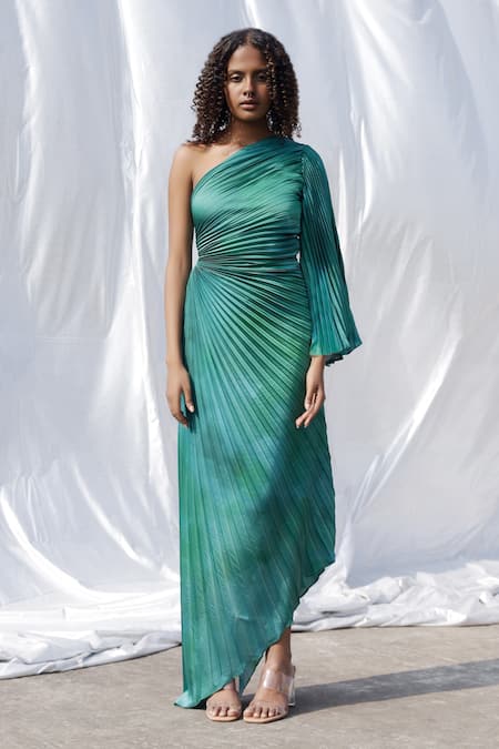 Buy Green Satin Plain One Shoulder Pleated Asymmetric Gown For