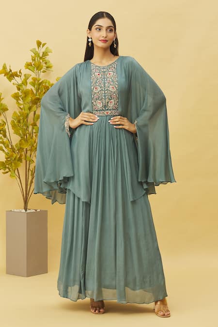 Samyukta Singhania Blue Chinon Embroidered Zardosi Round Gown With Belt 