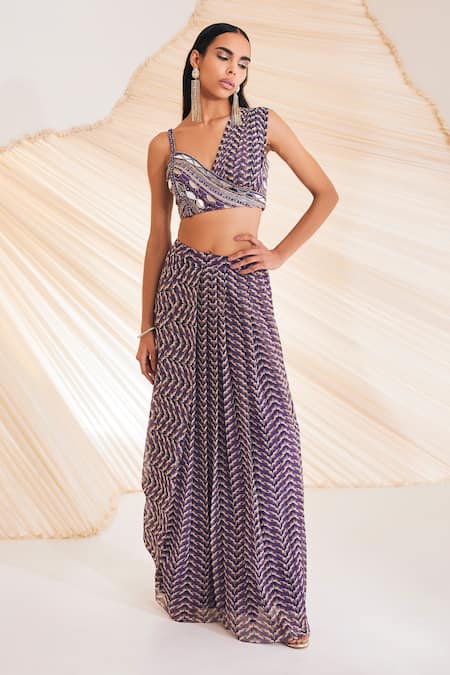 Divya Aggarwal Purple Chiffon Beads, Mirrors Asymmetric Embellished Neck Blouse And Skirt Set Online at Aza Fashions Divya Aggarwal_Purple Chiffon Beads, Mirrors Asymmetric Embellished Neck Blouse And Skirt Set _Online_at_Aza_Fashions