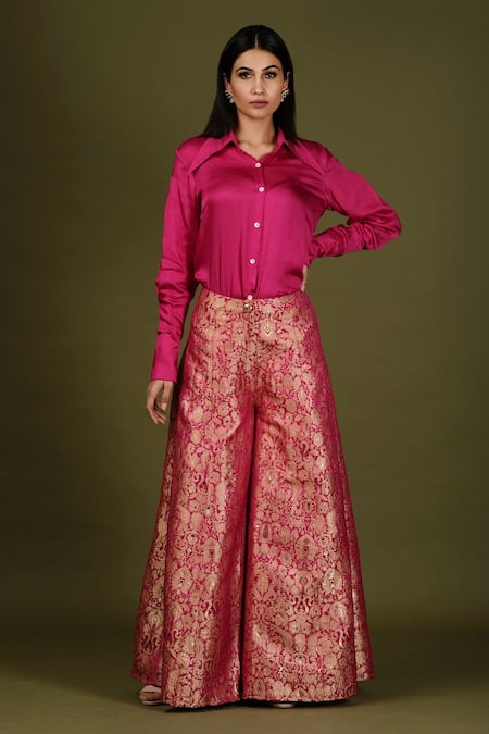 Buy Talking Threads Red Silk Brocade Palazzo Set Online | Aza Fashions