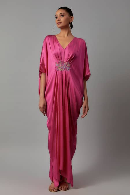 The Aarya Pink Satin Embroidered Beads V Neck Kaftan 